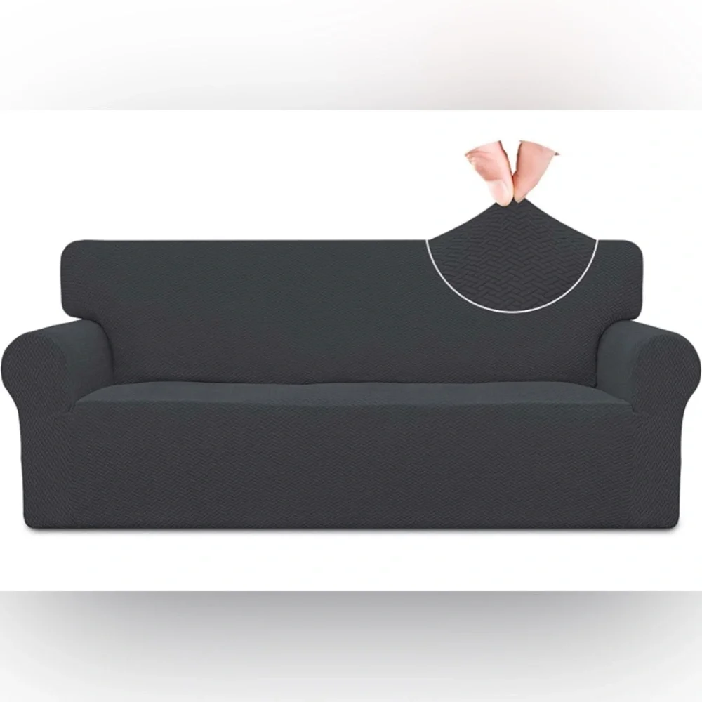 Oversized Sofa Stretch Jacquard Couch Cover Slipcover w Anti-Slip Foam Dark Gray